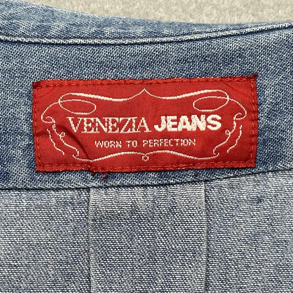 Vintage Venezia Denim Shirt L Blue Band Collar Silver Buttons Relaxed Fit - Picture 3 of 8